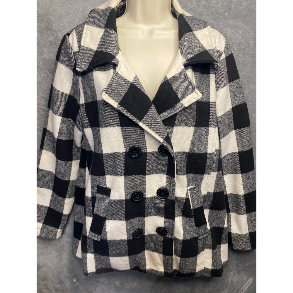 ME JANE Black White Buffalo Plaid Double Breasted Wool Blend Jacket Women Size L